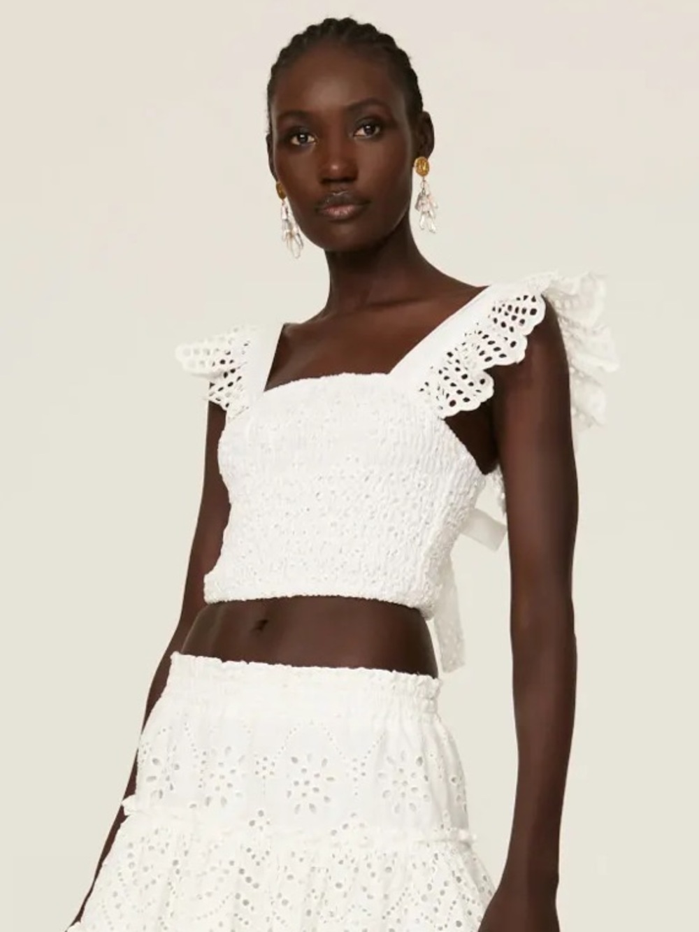 Misa Los Angeles Abelia Top White Smocked Eyelet Flutter Sleeve Crop Top Size S - Picture 1 of 8